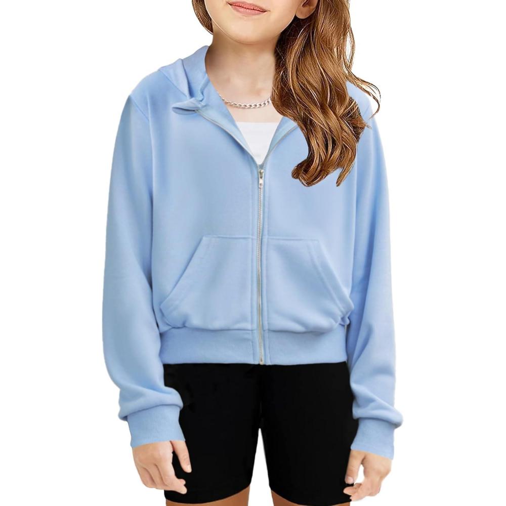 image:imageArshiner Girls Zip Up Hoodies Cropped FullZip Hoodie Kids Casual Sweatshirt Spring Fall Jackets with PocketsLight Blue