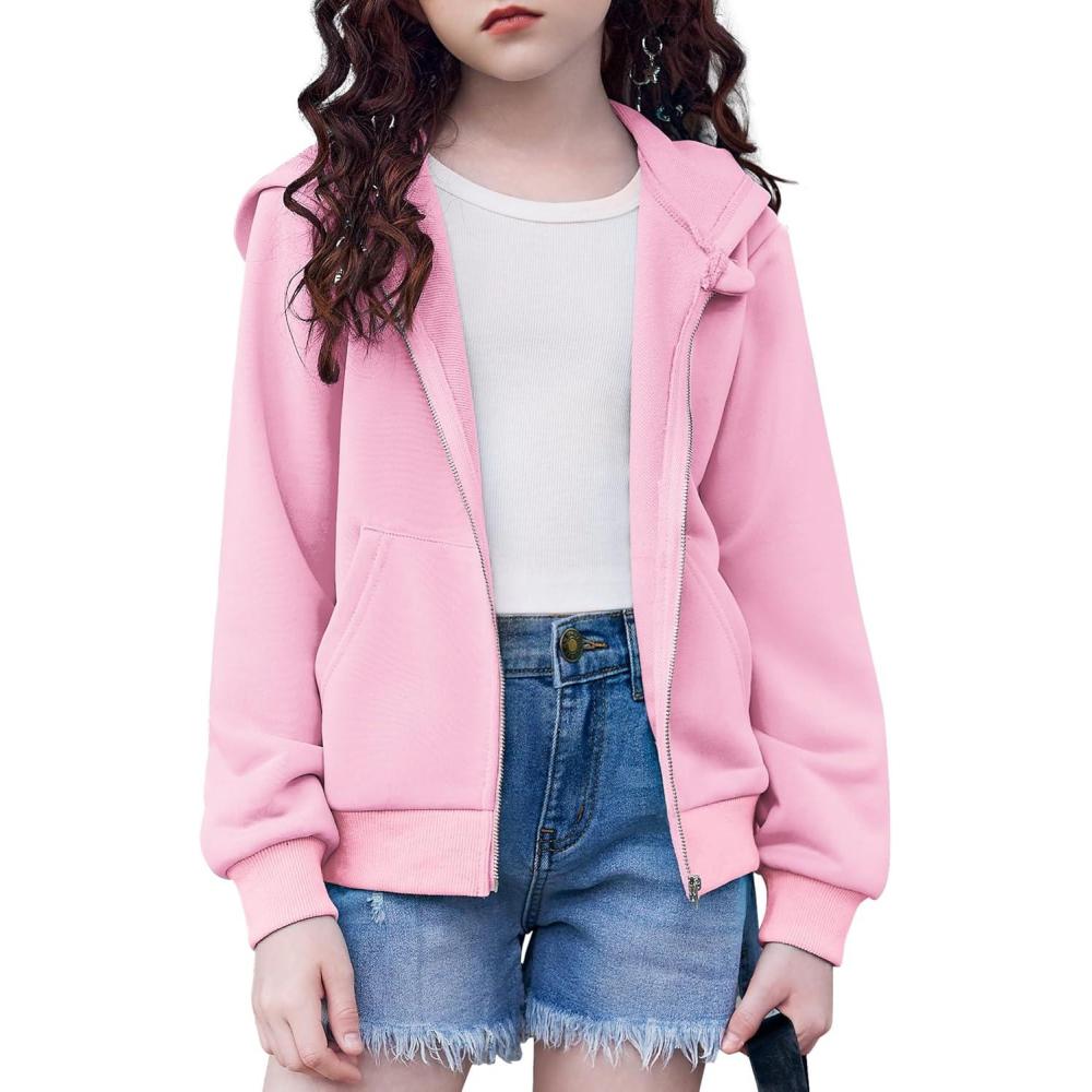 image:imageArshiner Girls Zip Up Hoodies Cropped FullZip Hoodie Kids Casual Sweatshirt Spring Fall Jackets with PocketsPink