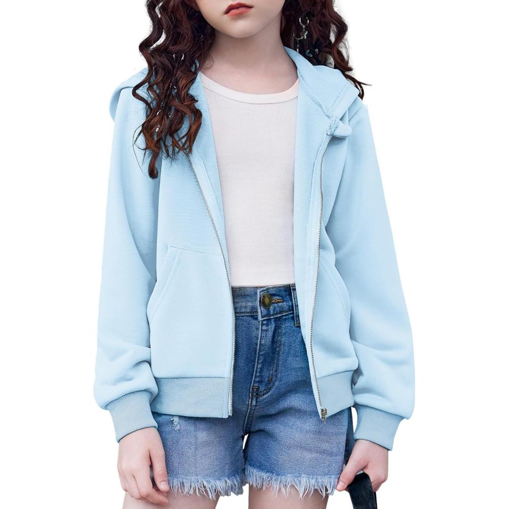 image:imageArshiner Girls Zip Up Hoodies Cropped FullZip Hoodie Kids Casual Sweatshirt Spring Fall Jackets with PocketsSky Blue