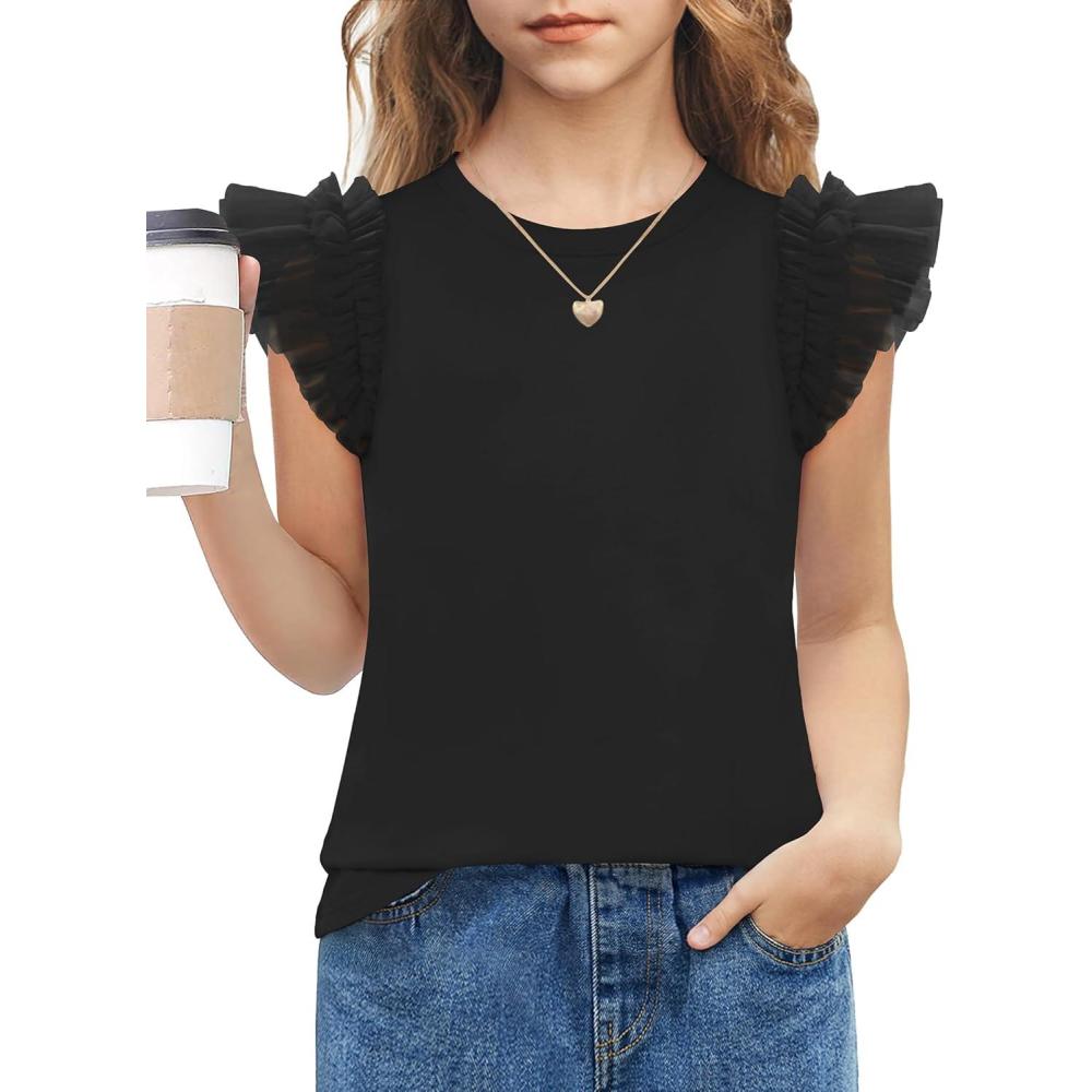 image:imageArshiner Shirts for Girls with Mesh Flying Short Sleeve Crewneck Casual Summer Kids T Shirt Blouse Tops TeeBlack