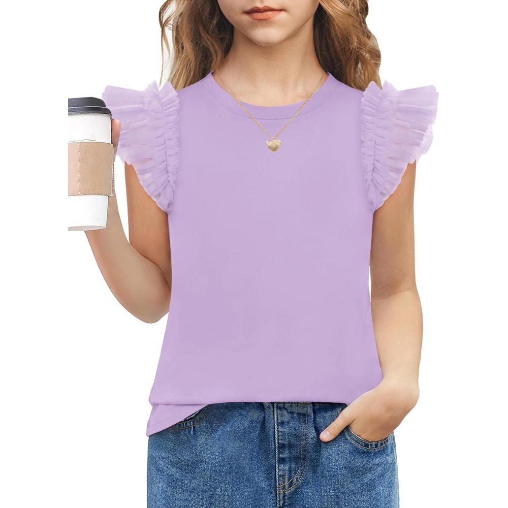 image:imageArshiner Shirts for Girls with Mesh Flying Short Sleeve Crewneck Casual Summer Kids T Shirt Blouse Tops TeePurple