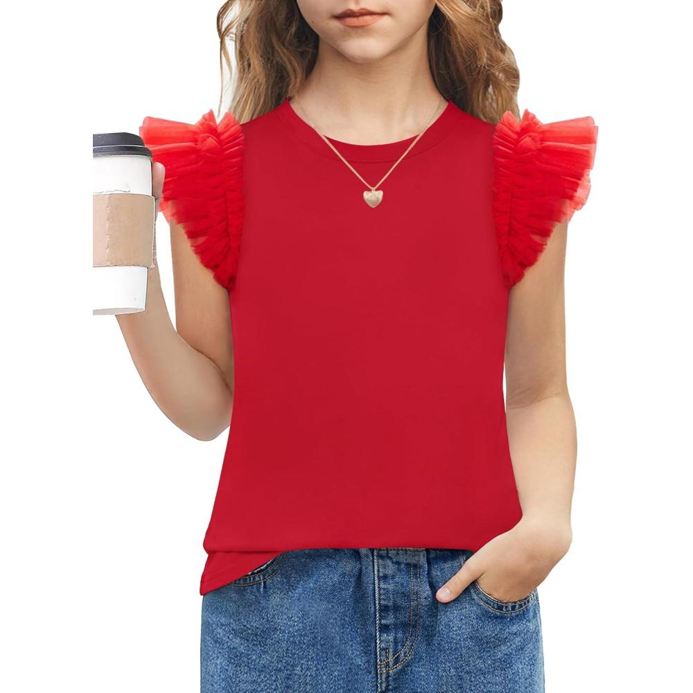 image:imageArshiner Shirts for Girls with Mesh Flying Short Sleeve Crewneck Casual Summer Kids T Shirt Blouse Tops TeeRed
