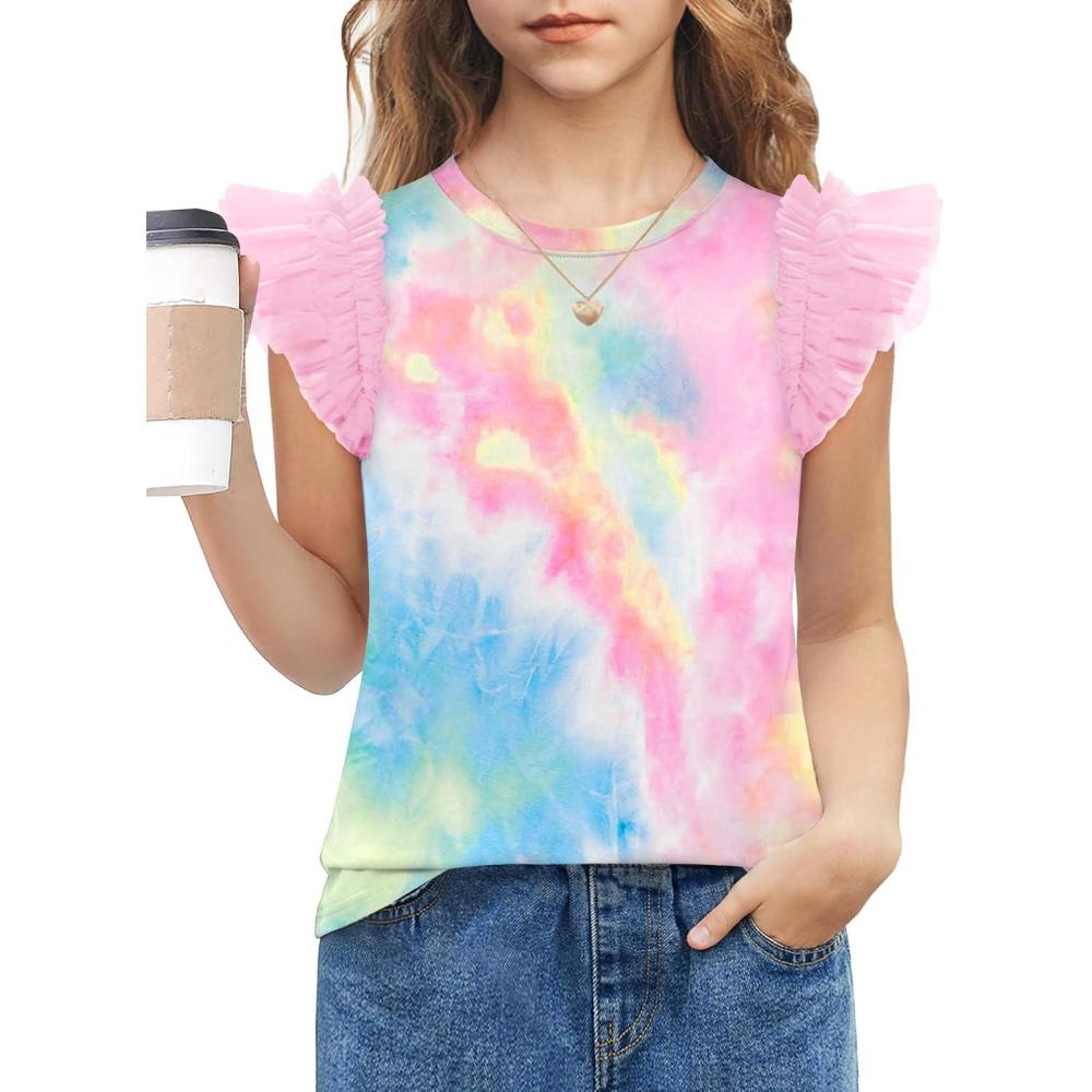 image:imageArshiner Shirts for Girls with Mesh Flying Short Sleeve Crewneck Casual Summer Kids T Shirt Blouse Tops TeeTiedye