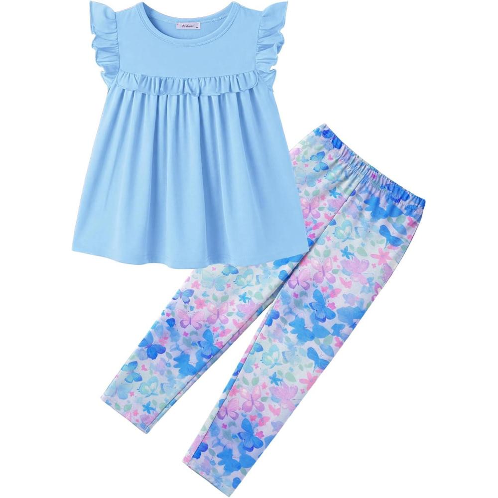image:imageArshiner Toddler Girls 2Piece Outfits Ruffle Sleeve Tee amp Elastic Waist Pants Kids Summer Clothing Set For 210 YearsBlue Butterfly