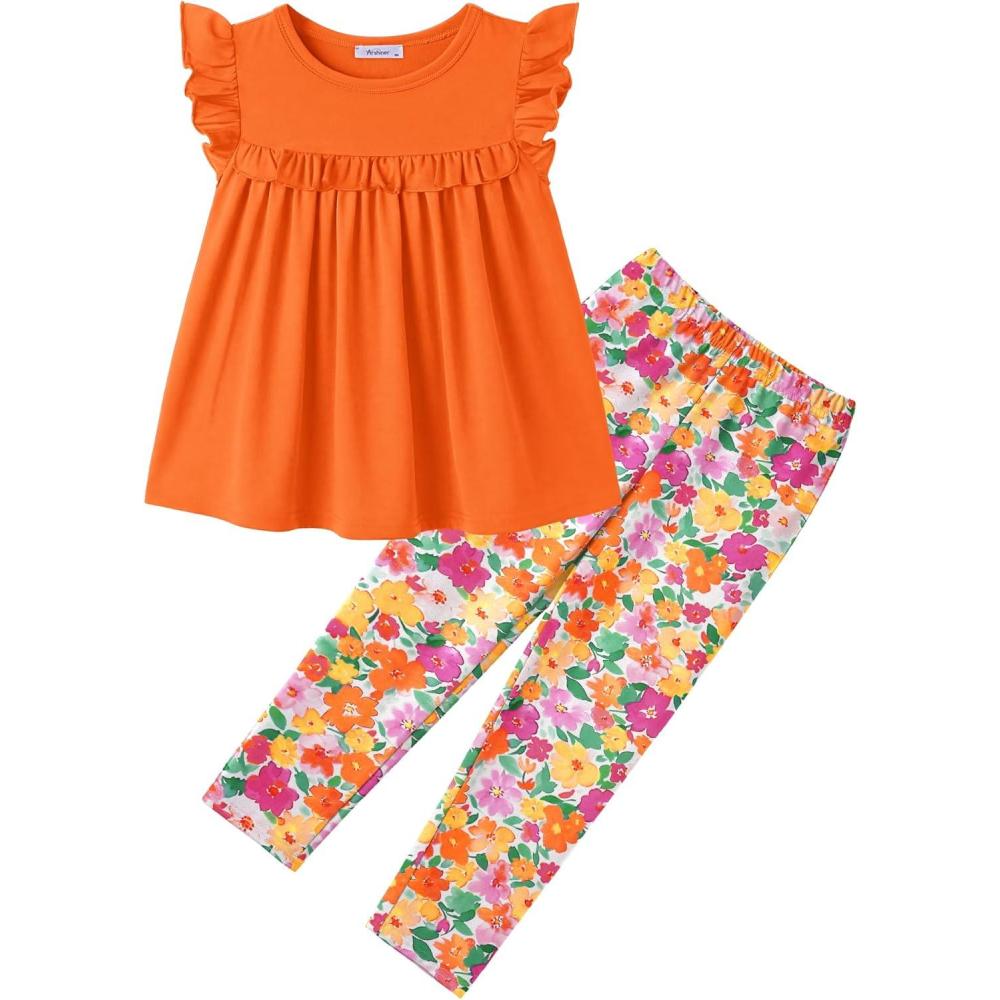 image:imageArshiner Toddler Girls 2Piece Outfits Ruffle Sleeve Tee amp Elastic Waist Pants Kids Summer Clothing Set For 210 YearsOrange Floral