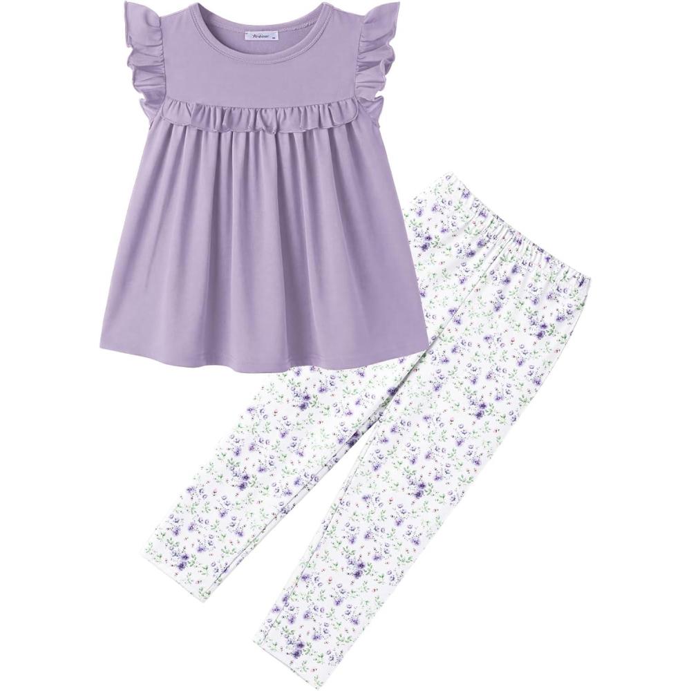 image:imageArshiner Toddler Girls 2Piece Outfits Ruffle Sleeve Tee amp Elastic Waist Pants Kids Summer Clothing Set For 210 YearsPurple Floral