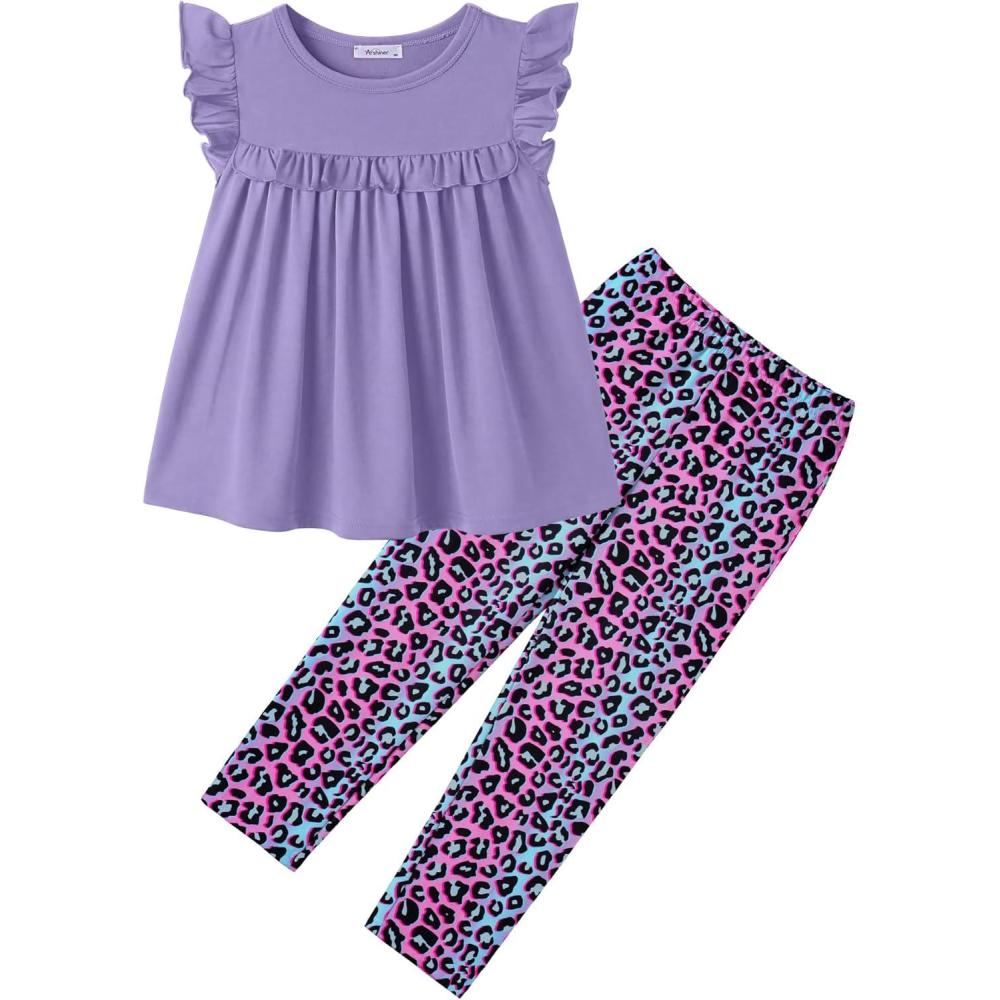 image:imageArshiner Toddler Girls 2Piece Outfits Ruffle Sleeve Tee amp Elastic Waist Pants Kids Summer Clothing Set For 210 YearsPurple Leopard