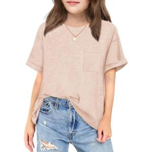 Arshiner Girls Oversized T Shirts with Pocket Short Sleeve Basic Crewneck Summer Casual Loose Tops Clothes 5-14 Years(Champagne)