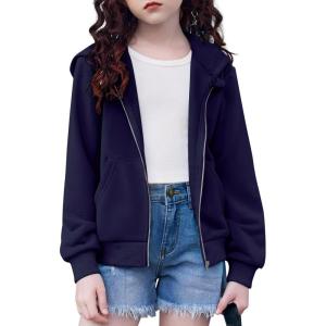 Arshiner Girls Zip Up Hoodies Cropped Full-Zip Hoodie Kids Casual Sweatshirt Spring Fall Jackets with Pockets(Navy Blue)