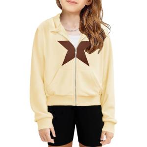 Arshiner Girls Zip Up Hoodies Cropped Full-Zip Hoodie Kids Casual Sweatshirt Spring Fall Jackets with Pockets(Star&khaki)