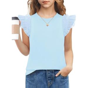Arshiner Shirts for Girls with Mesh Flying Short Sleeve Crewneck Casual Summer Kids T Shirt Blouse Tops Tee(Blue)