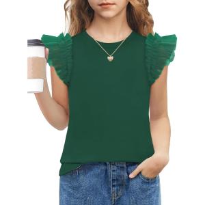 Arshiner Shirts for Girls with Mesh Flying Short Sleeve Crewneck Casual Summer Kids T Shirt Blouse Tops Tee(Green)