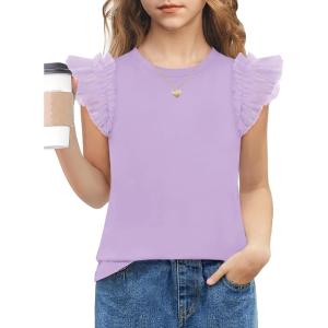 Arshiner Shirts for Girls with Mesh Flying Short Sleeve Crewneck Casual Summer Kids T Shirt Blouse Tops Tee(Purple)
