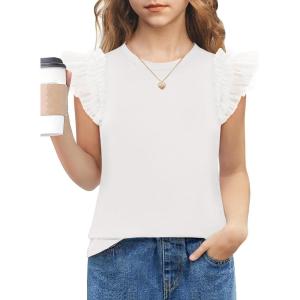 Arshiner Shirts for Girls with Mesh Flying Short Sleeve Crewneck Casual Summer Kids T Shirt Blouse Tops Tee(White)