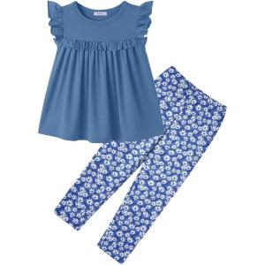 Arshiner Toddler Girls 2-Piece Outfits Ruffle Sleeve Tee & Elastic Waist Pants Kids Summer Clothing Set For 2–10 Years(Blue Floral)