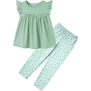 Arshiner Toddler Girls 2-Piece Outfits Ruffle Sleeve Tee & Elastic Waist Pants Kids Summer Clothing Set For 2–10 Years(Green Floral)