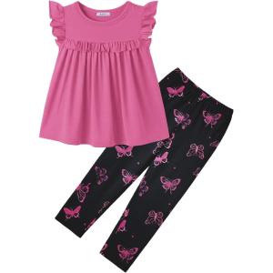Arshiner Toddler Girls 2-Piece Outfits Ruffle Sleeve Tee & Elastic Waist Pants Kids Summer Clothing Set For 2–10 Years(Hot Pink Butterfly)