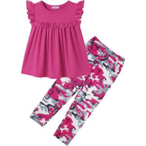 Arshiner Toddler Girls 2-Piece Outfits Ruffle Sleeve Tee & Elastic Waist Pants Kids Summer Clothing Set For 2–10 Years(Hot Pink Camo)