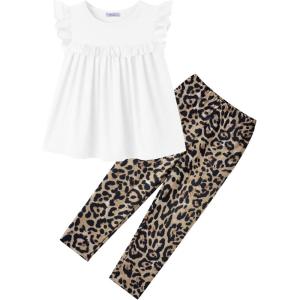 Arshiner Toddler Girls 2-Piece Outfits Ruffle Sleeve Tee & Elastic Waist Pants Kids Summer Clothing Set For 2–10 Years(Leopard)