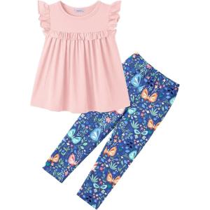 Arshiner Toddler Girls 2-Piece Outfits Ruffle Sleeve Tee & Elastic Waist Pants Kids Summer Clothing Set For 2–10 Years(Pink Butterfly)