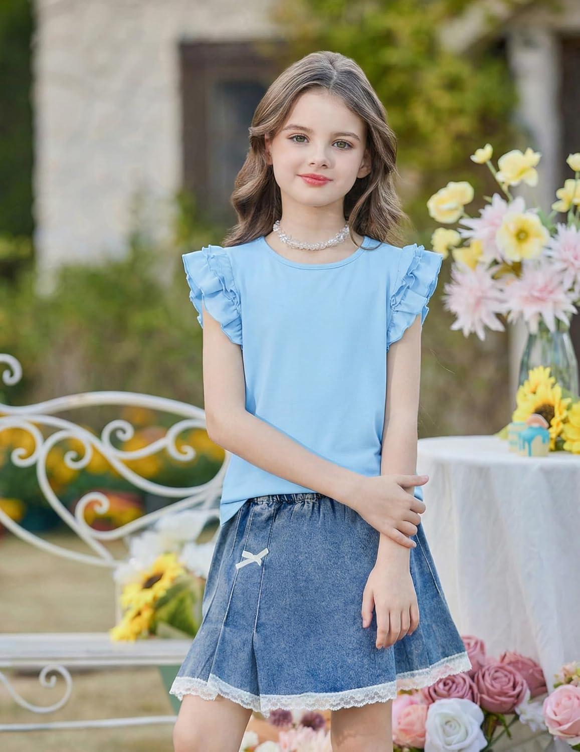 image:imageArshiner Girls 2 Piece Outfits Summer Clothes Ruffle Short Sleeve Shirts Top and High Waist Paper Bag Shorts Set with PocketsBluefloral Print