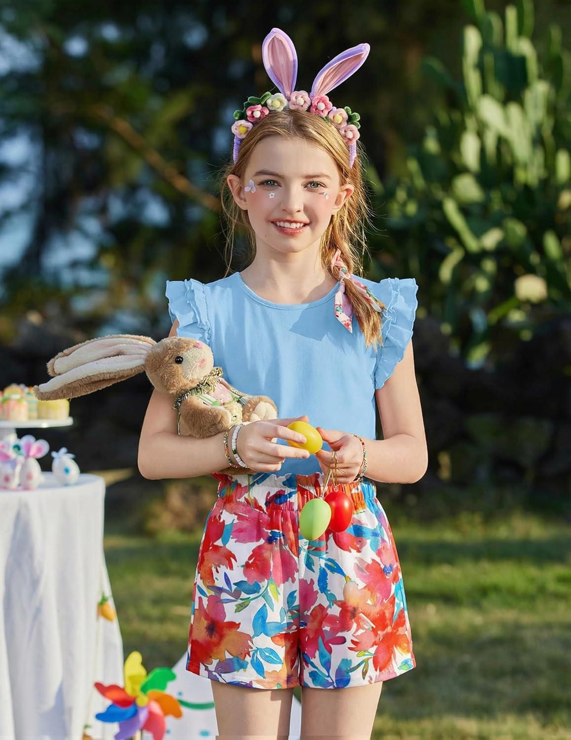 image:imageArshiner Girls 2 Piece Outfits Summer Clothes Ruffle Short Sleeve Shirts Top and High Waist Paper Bag Shorts Set with PocketsBluefloral Print