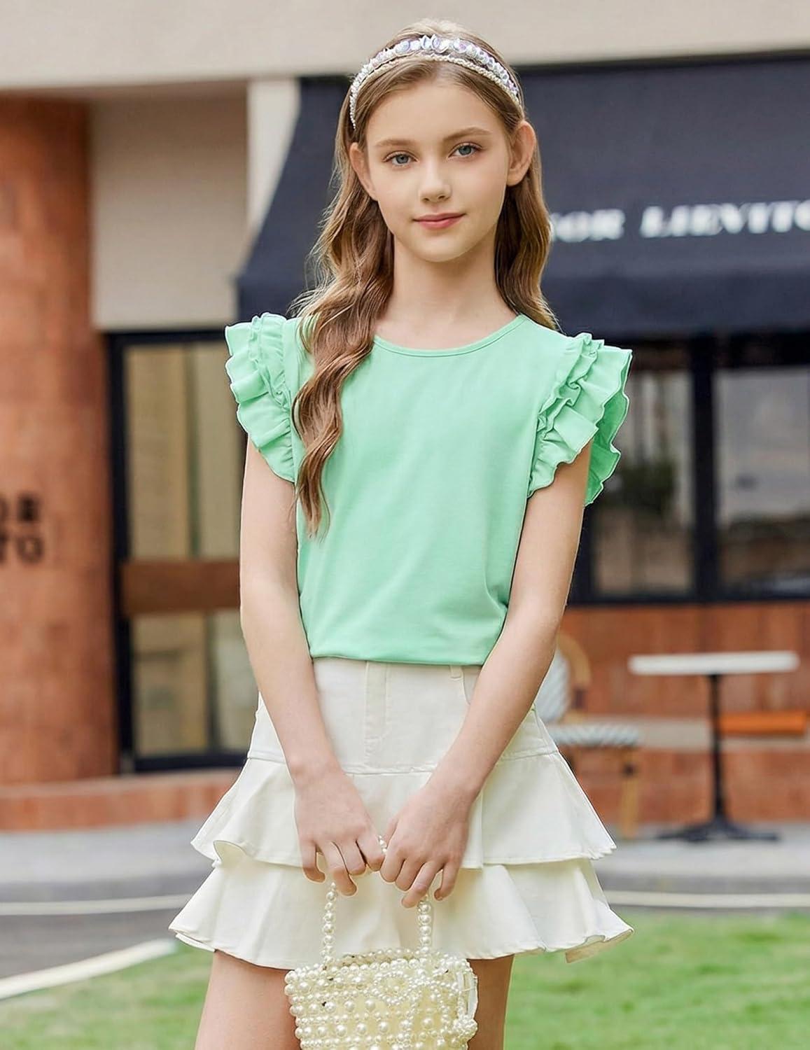 image:imageArshiner Girls 2 Piece Outfits Summer Clothes Ruffle Short Sleeve Shirts Top and High Waist Paper Bag Shorts Set with PocketsLight Greenfloral