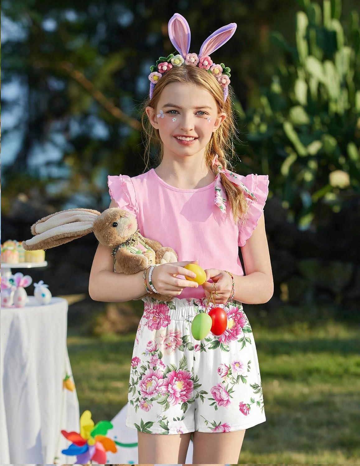 image:imageArshiner Girls 2 Piece Outfits Summer Clothes Ruffle Short Sleeve Shirts Top and High Waist Paper Bag Shorts Set with PocketsPinkfloral Print