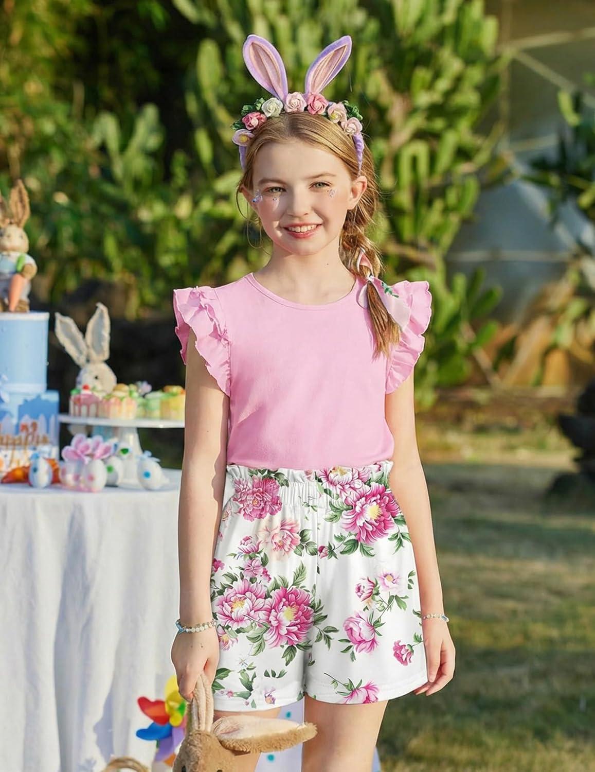 image:imageArshiner Girls 2 Piece Outfits Summer Clothes Ruffle Short Sleeve Shirts Top and High Waist Paper Bag Shorts Set with PocketsPinkfloral Print