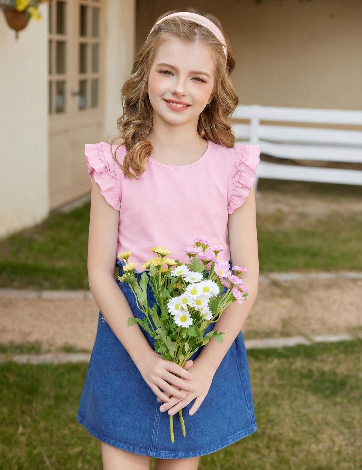 image:imageArshiner Girls 2 Piece Outfits Summer Clothes Ruffle Short Sleeve Shirts Top and High Waist Paper Bag Shorts Set with PocketsPinkfloral Print