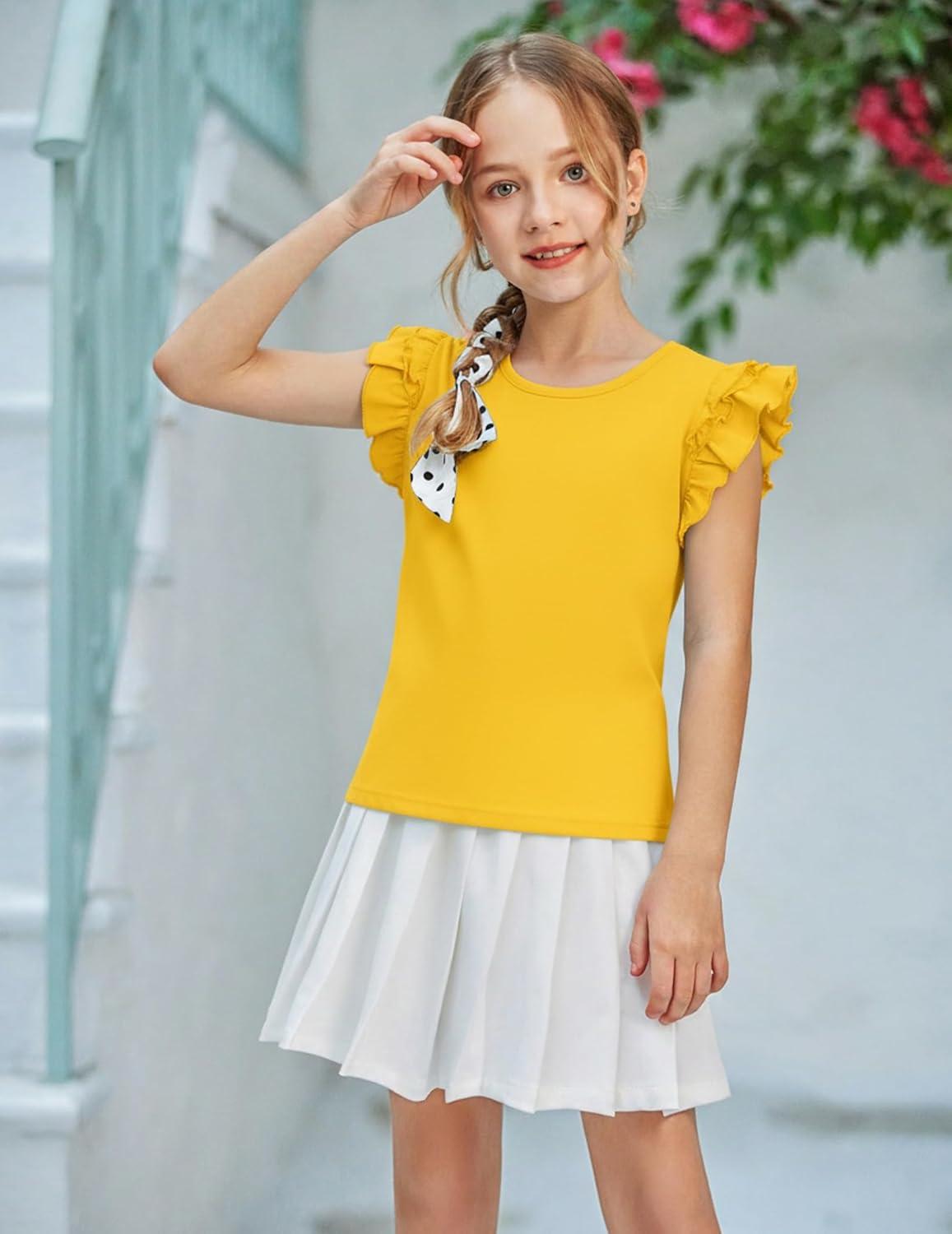 image:imageArshiner Girls 2 Piece Outfits Summer Clothes Ruffle Short Sleeve Shirts Top and High Waist Paper Bag Shorts Set with PocketsYellowfloral Print