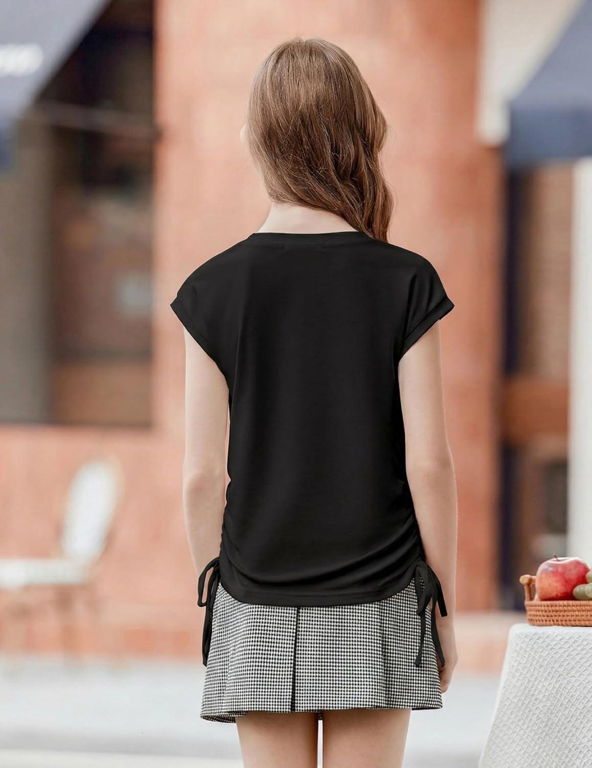 image:imageArshiner Girls Cap Sleeve T Shirts Ruched Knot Side Summer Crewneck Casual Tops Blouse TeeBlack