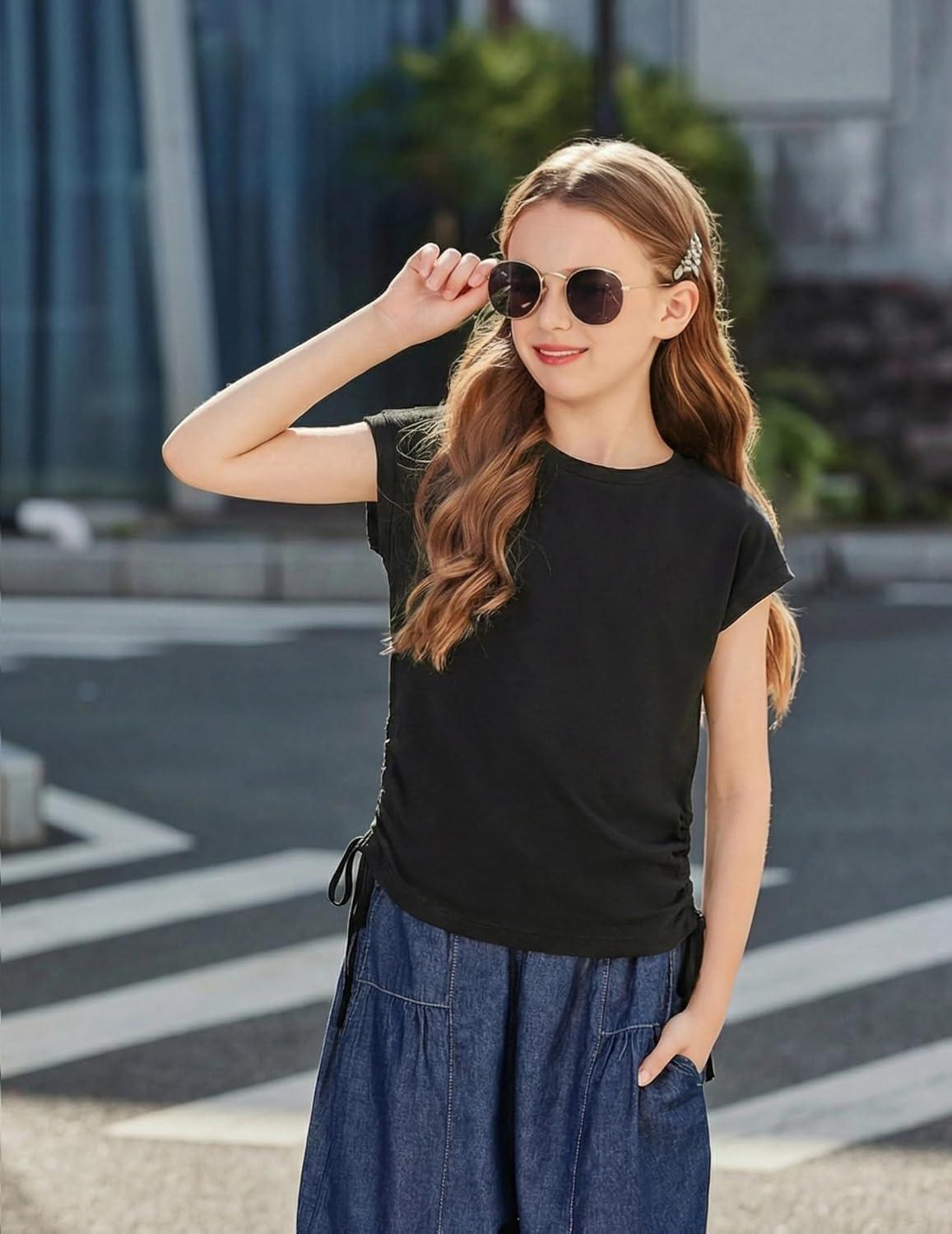 image:imageArshiner Girls Cap Sleeve T Shirts Ruched Knot Side Summer Crewneck Casual Tops Blouse TeeBlack