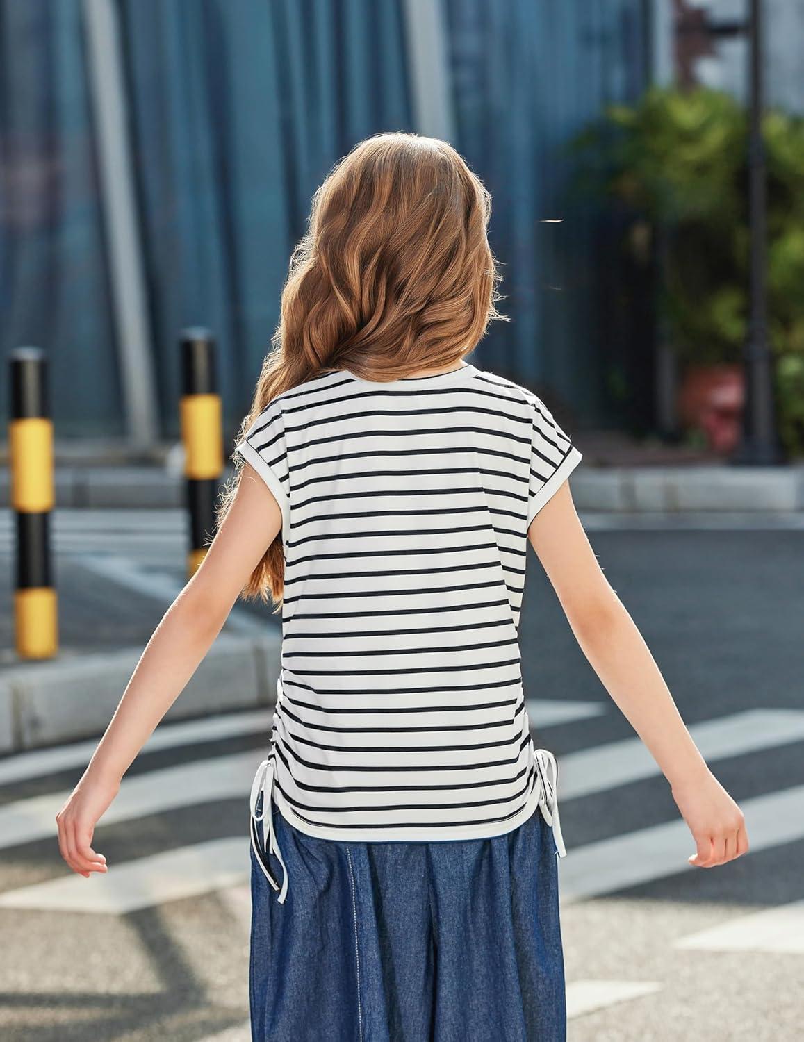 image:imageArshiner Girls Cap Sleeve T Shirts Ruched Knot Side Summer Crewneck Casual Tops Blouse TeeBlack Stripe