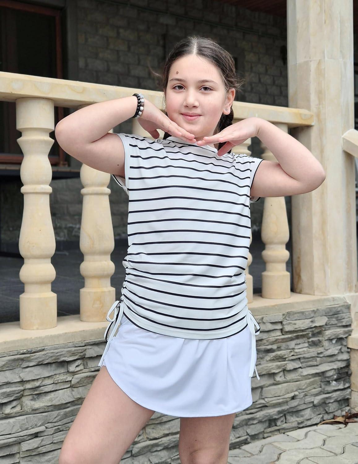 image:imageArshiner Girls Cap Sleeve T Shirts Ruched Knot Side Summer Crewneck Casual Tops Blouse TeeBlack Stripe
