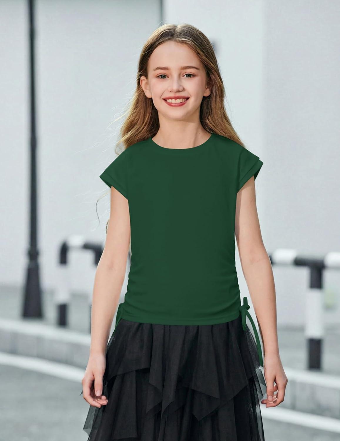 image:imageArshiner Girls Cap Sleeve T Shirts Ruched Knot Side Summer Crewneck Casual Tops Blouse TeeGreen