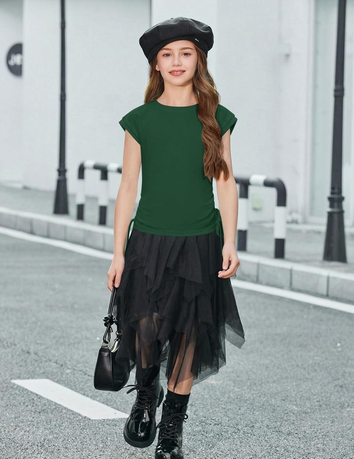 image:imageArshiner Girls Cap Sleeve T Shirts Ruched Knot Side Summer Crewneck Casual Tops Blouse TeeGreen