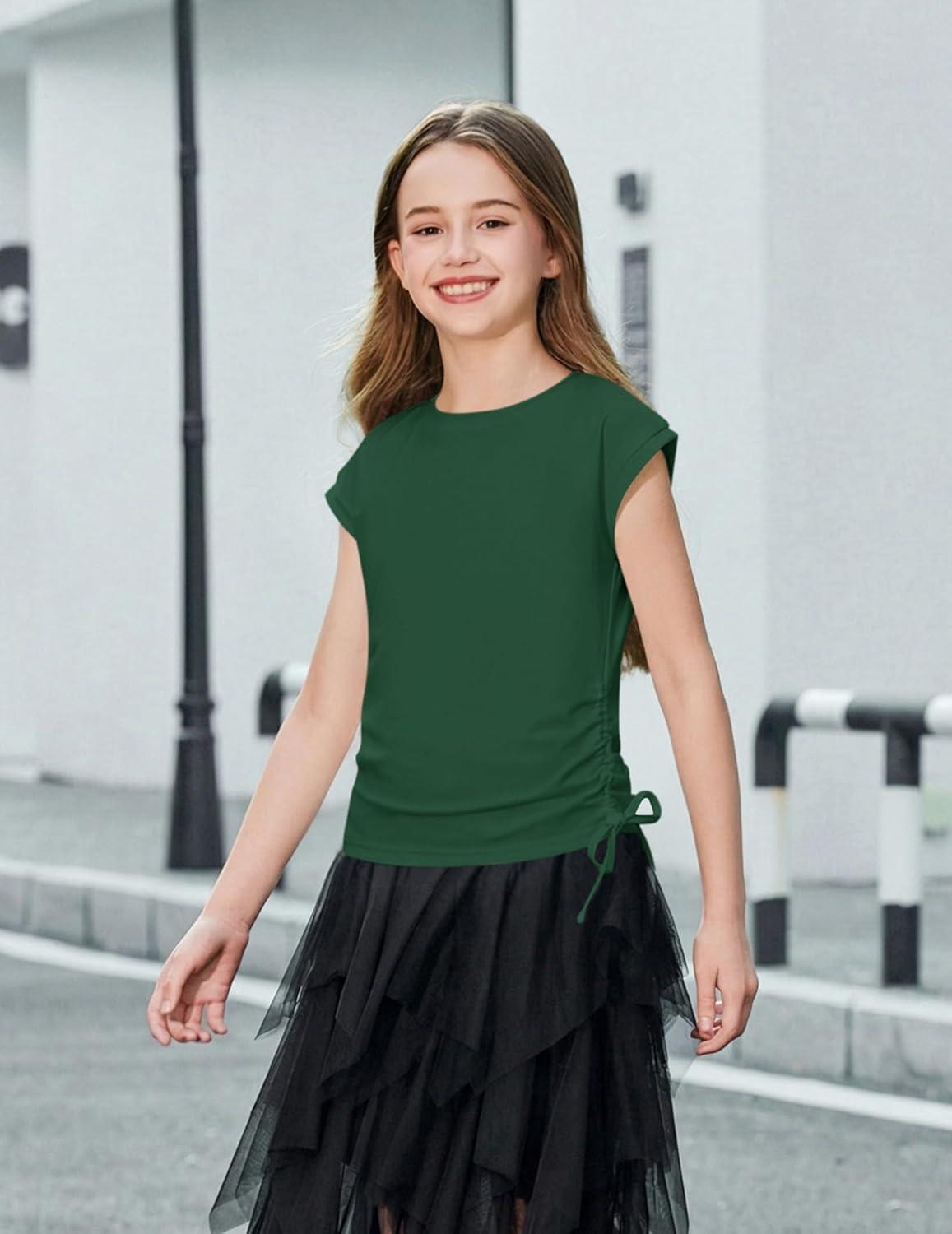 image:imageArshiner Girls Cap Sleeve T Shirts Ruched Knot Side Summer Crewneck Casual Tops Blouse TeeGreen
