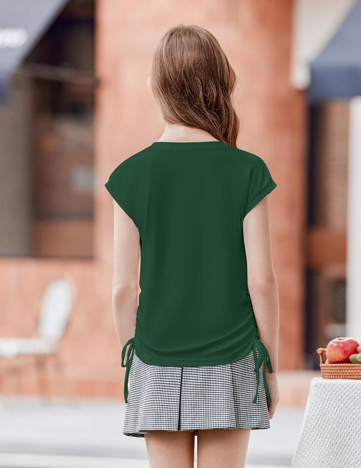 image:imageArshiner Girls Cap Sleeve T Shirts Ruched Knot Side Summer Crewneck Casual Tops Blouse TeeGreen