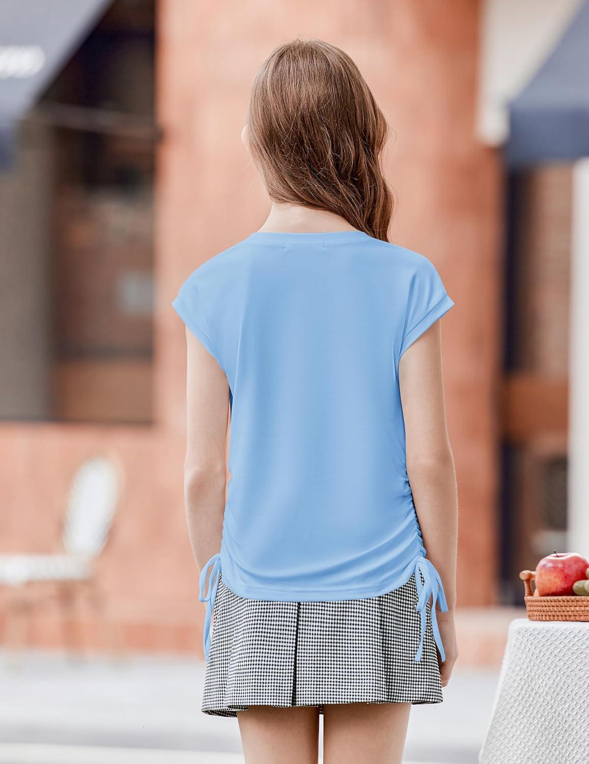 image:imageArshiner Girls Cap Sleeve T Shirts Ruched Knot Side Summer Crewneck Casual Tops Blouse TeeLight Blue
