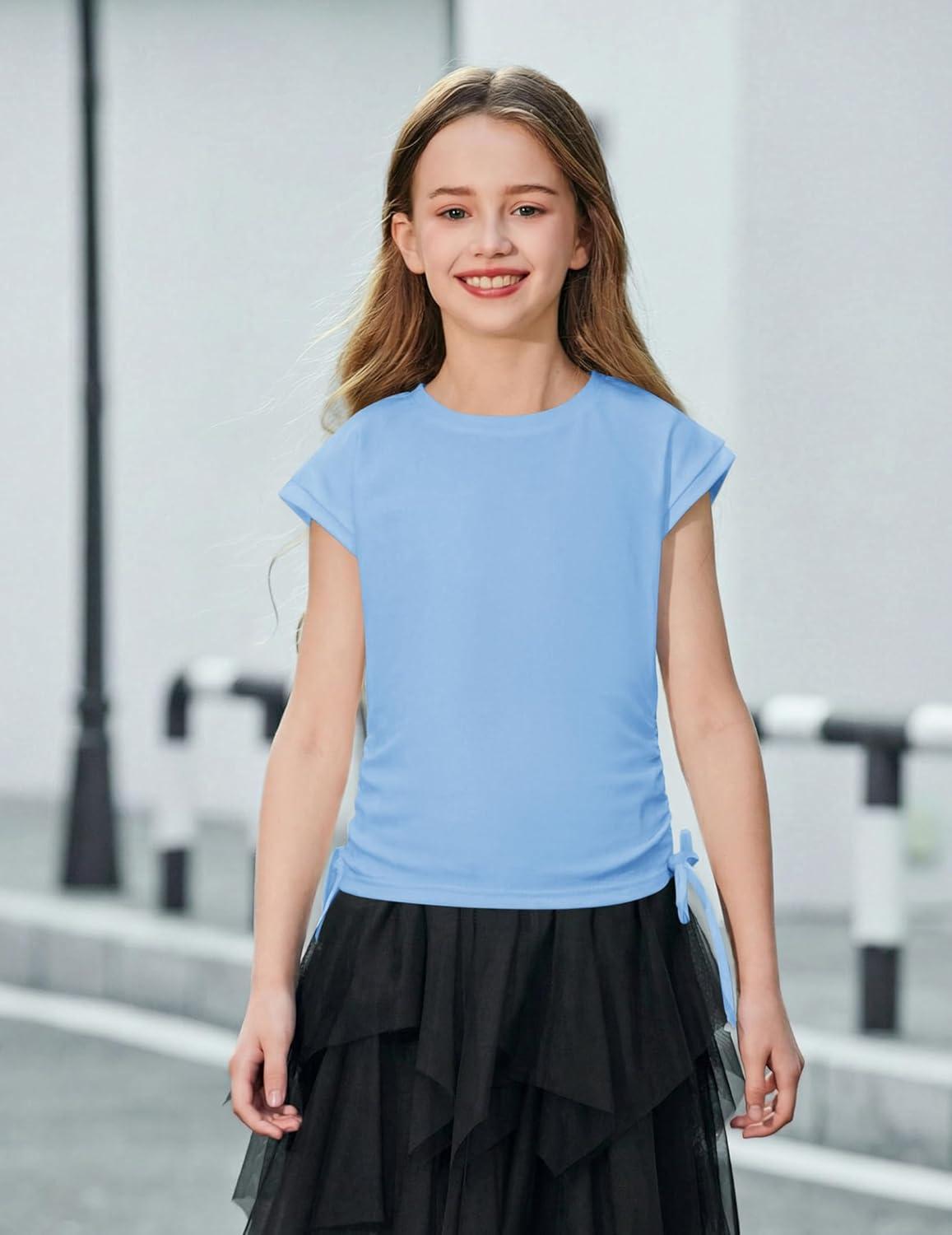 image:imageArshiner Girls Cap Sleeve T Shirts Ruched Knot Side Summer Crewneck Casual Tops Blouse TeeLight Blue