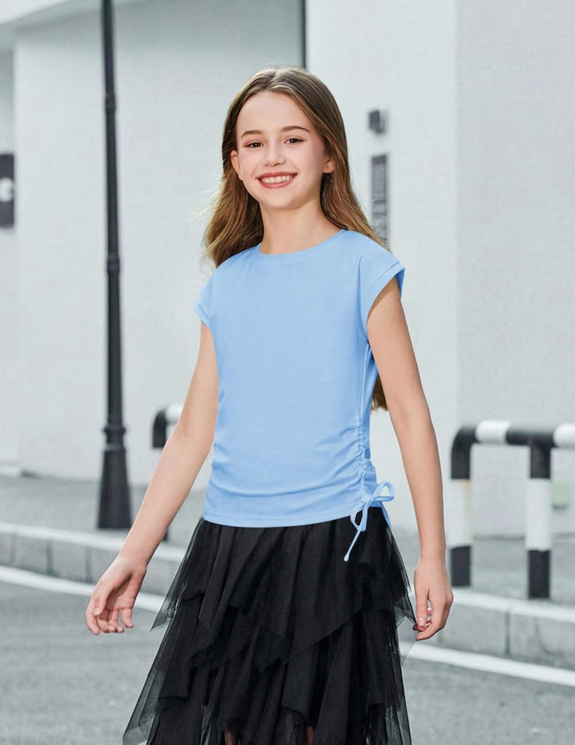 image:imageArshiner Girls Cap Sleeve T Shirts Ruched Knot Side Summer Crewneck Casual Tops Blouse TeeLight Blue