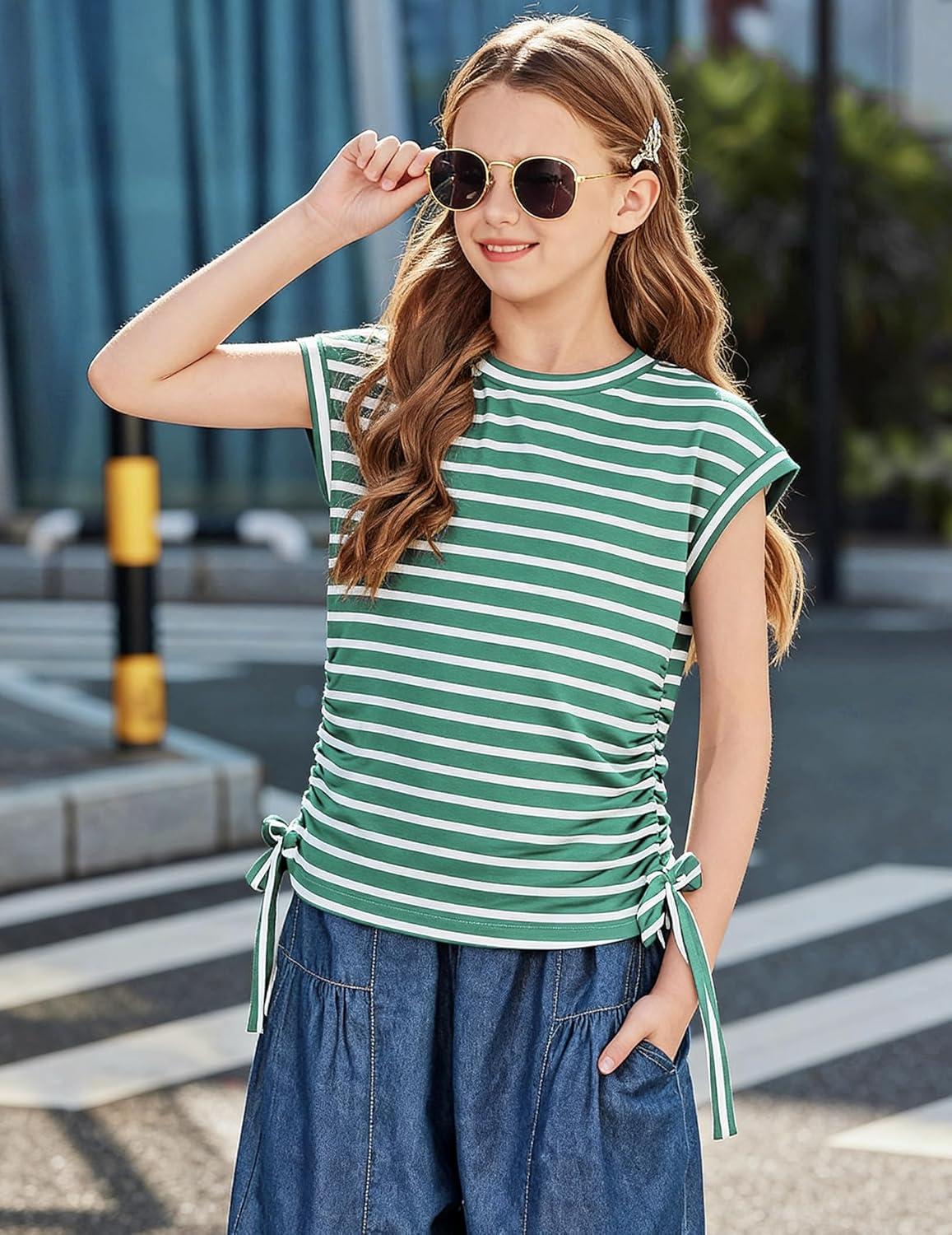 image:imageArshiner Girls Cap Sleeve T Shirts Ruched Knot Side Summer Crewneck Casual Tops Blouse TeeLight Green Stripe