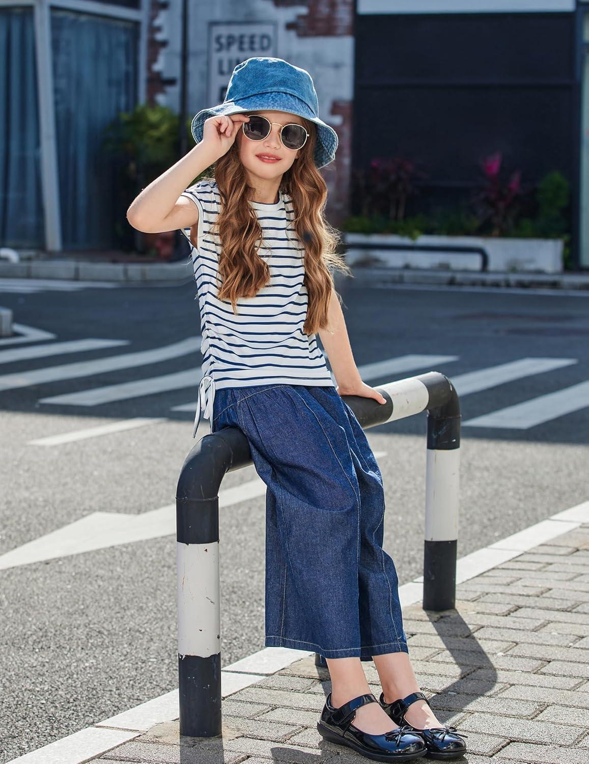 image:imageArshiner Girls Cap Sleeve T Shirts Ruched Knot Side Summer Crewneck Casual Tops Blouse TeeNavy Blue Stripe