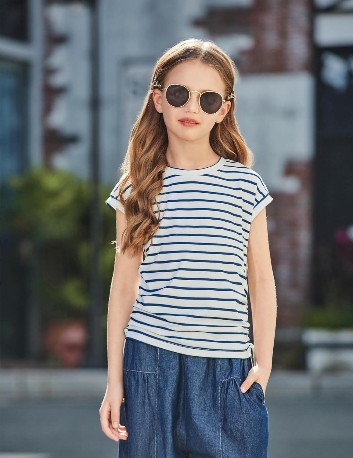 image:imageArshiner Girls Cap Sleeve T Shirts Ruched Knot Side Summer Crewneck Casual Tops Blouse TeeNavy Blue Stripe