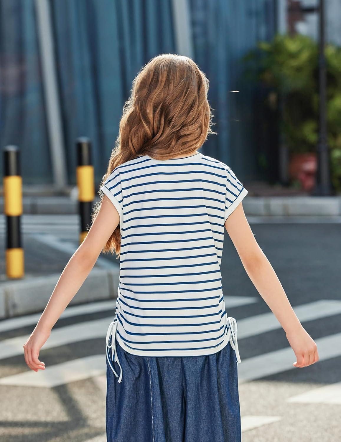 image:imageArshiner Girls Cap Sleeve T Shirts Ruched Knot Side Summer Crewneck Casual Tops Blouse TeeNavy Blue Stripe