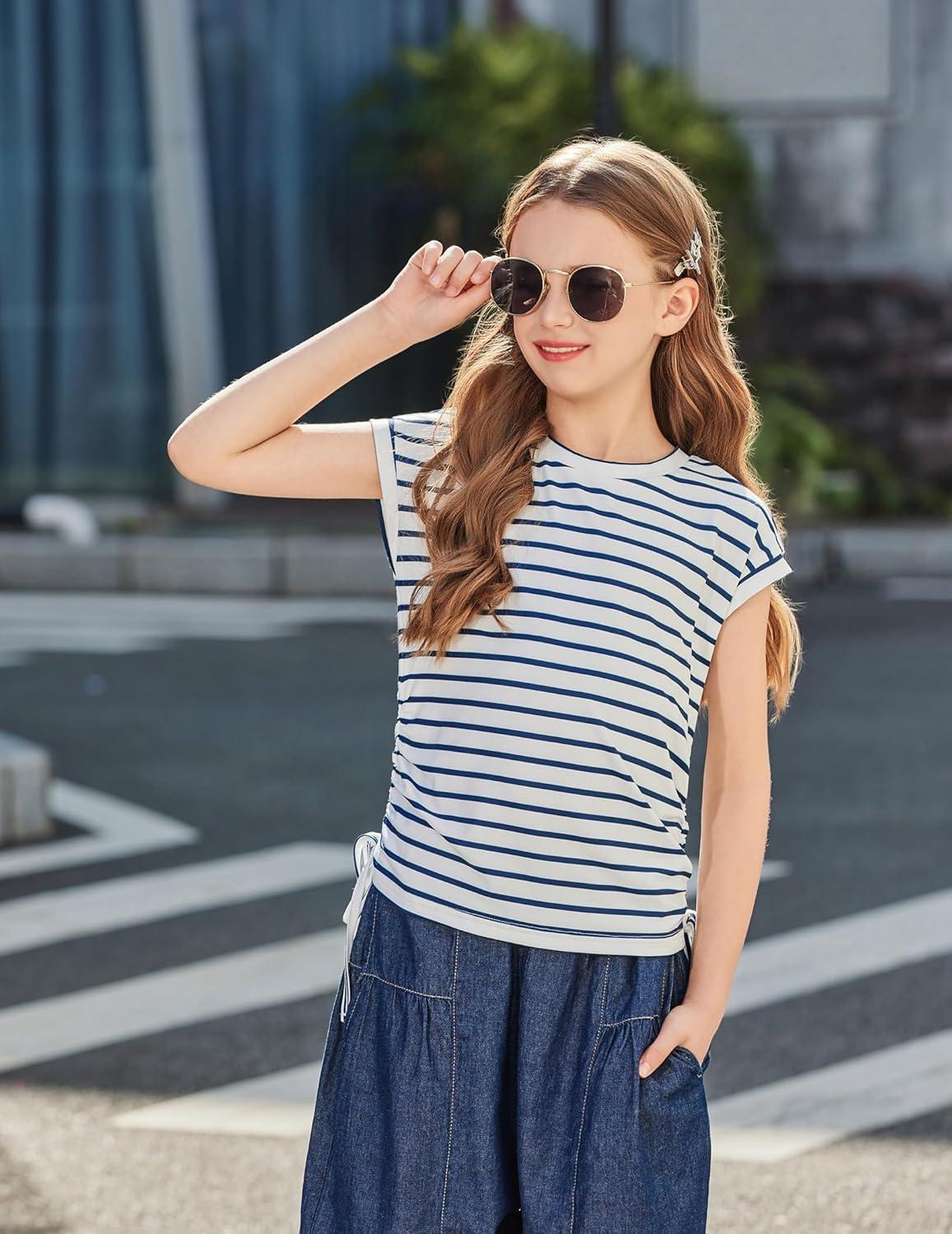 image:imageArshiner Girls Cap Sleeve T Shirts Ruched Knot Side Summer Crewneck Casual Tops Blouse TeeNavy Blue Stripe