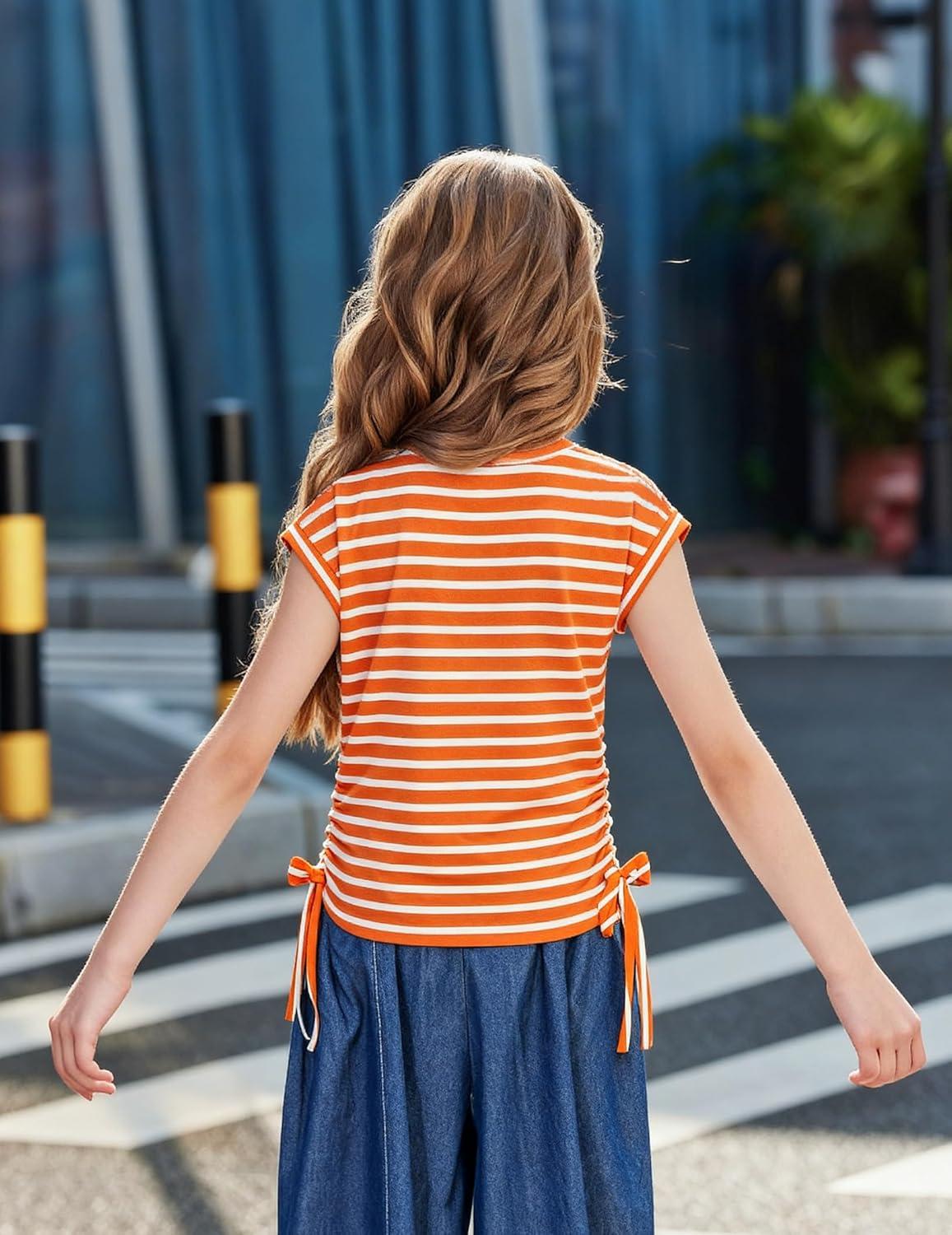image:imageArshiner Girls Cap Sleeve T Shirts Ruched Knot Side Summer Crewneck Casual Tops Blouse TeeOrange Stripes