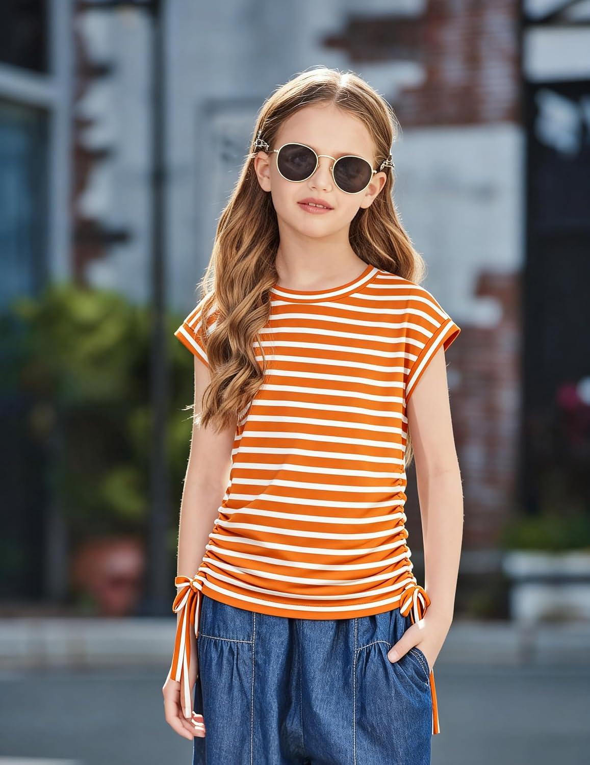 image:imageArshiner Girls Cap Sleeve T Shirts Ruched Knot Side Summer Crewneck Casual Tops Blouse TeeOrange Stripes