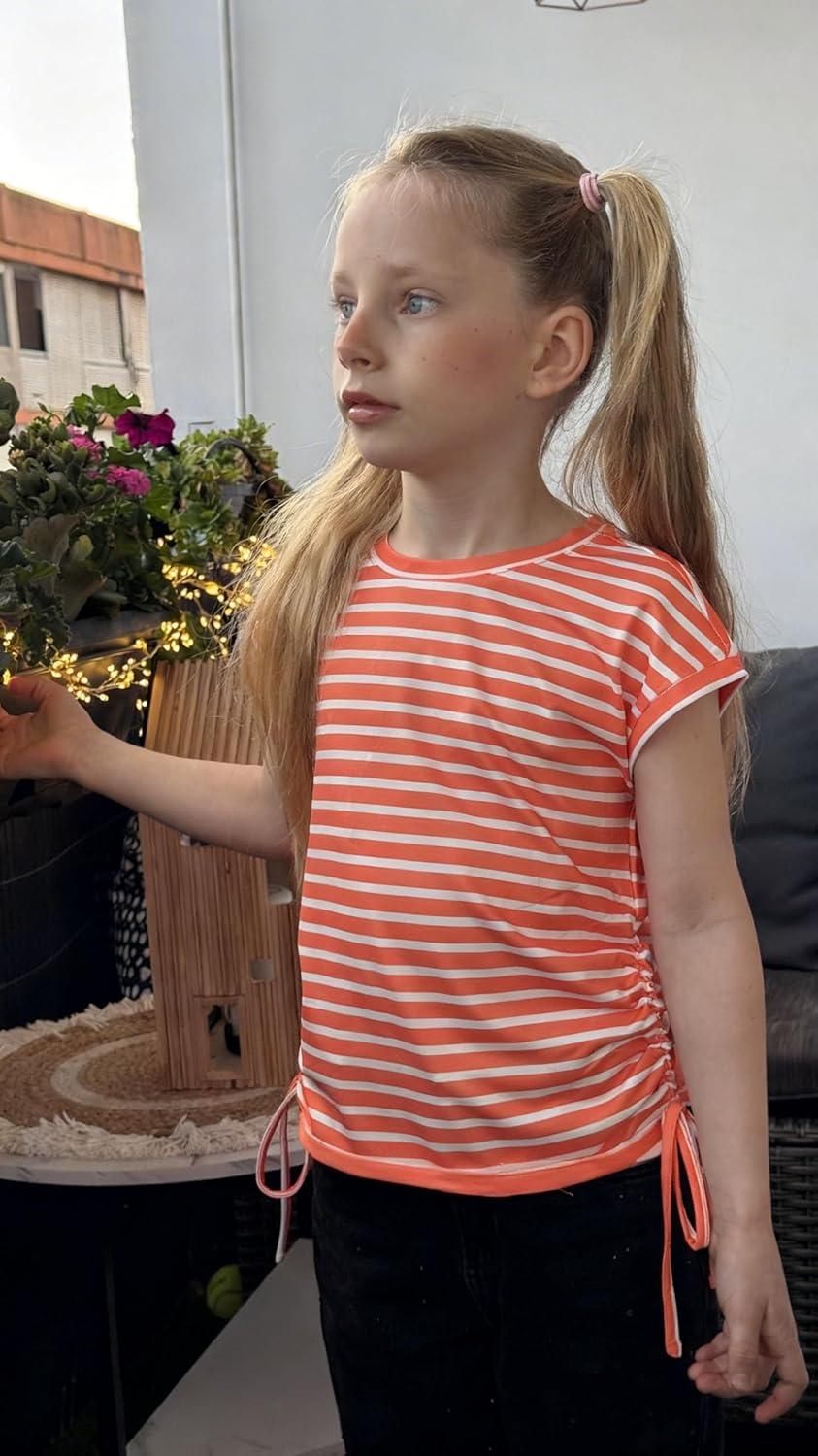 image:imageArshiner Girls Cap Sleeve T Shirts Ruched Knot Side Summer Crewneck Casual Tops Blouse TeeOrange Stripes